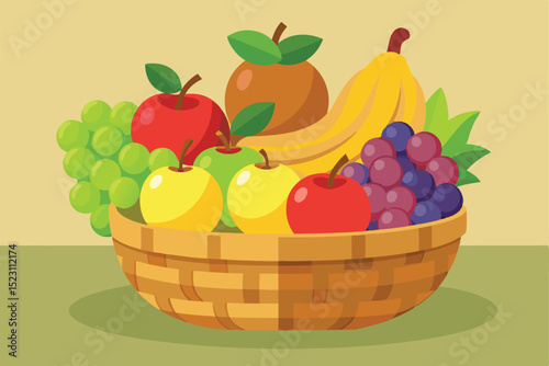 Vibrant Fruit Basket A Colorful Collection of Apples, Bananas, and Grapes