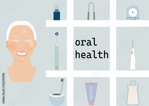 oral health banner with girl with a big smile on her face, breath spray, dental floss, toothpaste, toothbrush, mouthwash, electic toothbrush, breath fresher, tongue cleaner vector illustration
