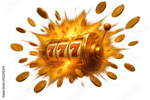 Golden slot machine overflowing with gold coins isolated on transparent background.