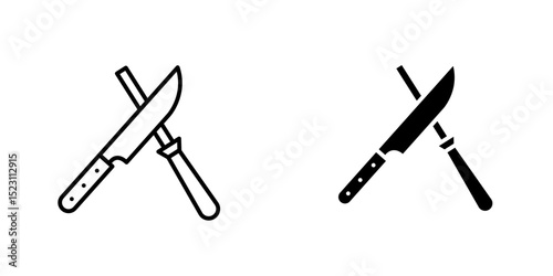 Crossed knife and sharpener flat icon for web. Kitchen knife and sharpening steel sign web icon silhouette with invert color. Knife and knife sharpener solid black icon vector design cartoon clipart