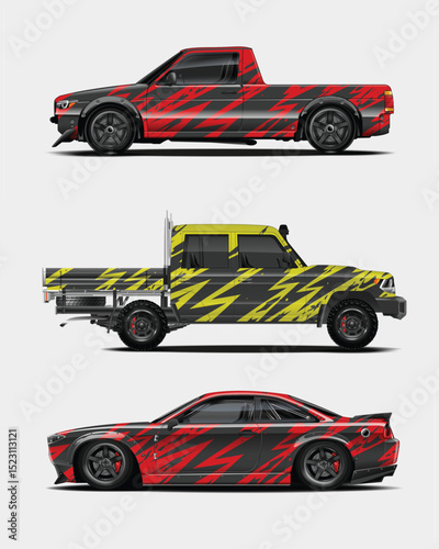 Three Custom Designed Vehicles with Abstract Red and Yellow Wraps