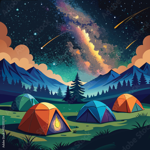 Camping under the Milky Way with shooting stars in the mountains