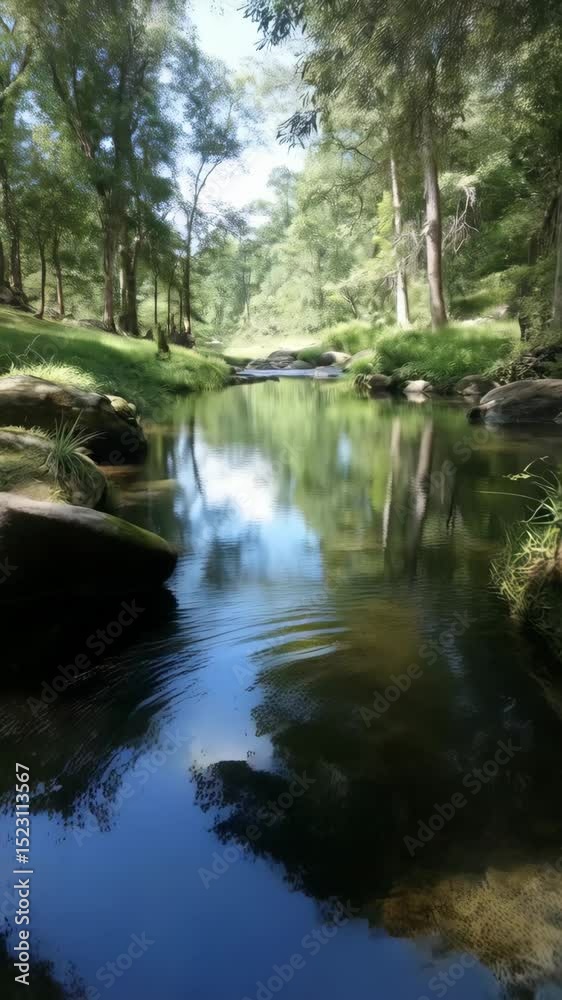 Scenic woodland stream with trees, rocks and green grass, reflection of blue sky and white clouds on the river surface. Scenic woodland stream with trees, rocks and green grass, reflection of blue sky and white clouds on the river surface.