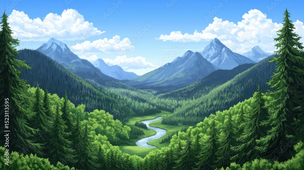 Fototapeta premium Lush Green Valley with Serene River Flowing Through Majestic Mountains Under Bright Blue Sky and Whimsical Clouds