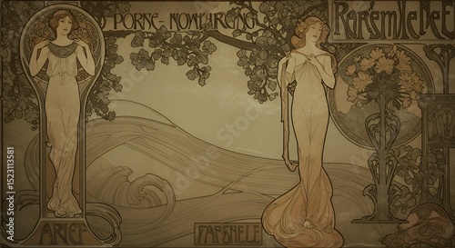 Art Nouveau Illustration Featuring Elegant Women and Floral Elements