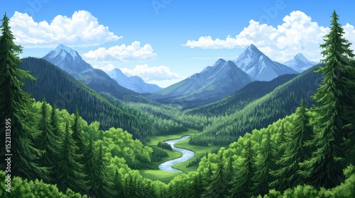 Lush Green Valley with Serene River Flowing Through Majestic Mountains Under Bright Blue Sky and Whimsical Clouds
