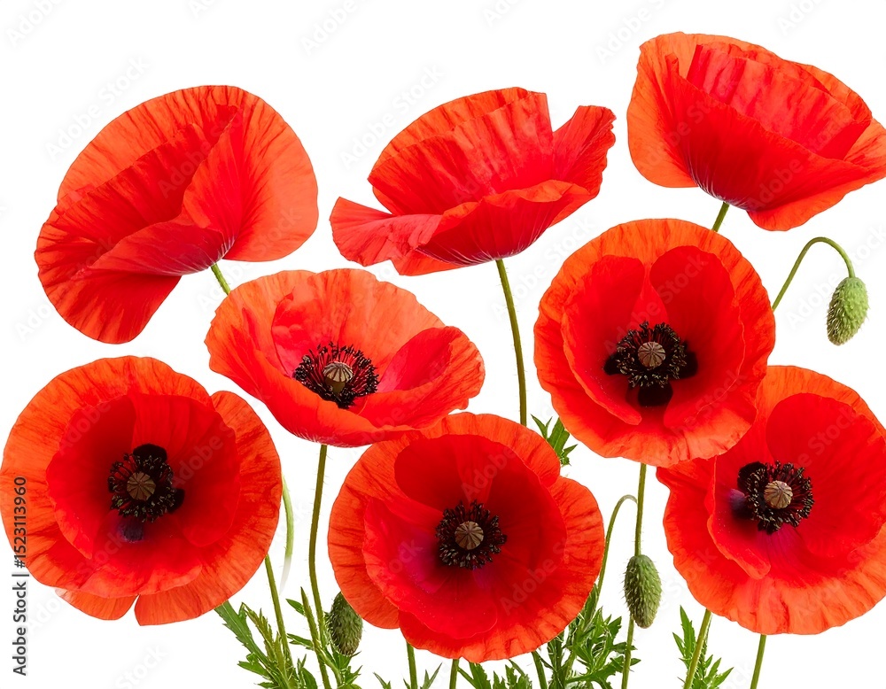 Fototapeta premium Vibrant red poppies on white