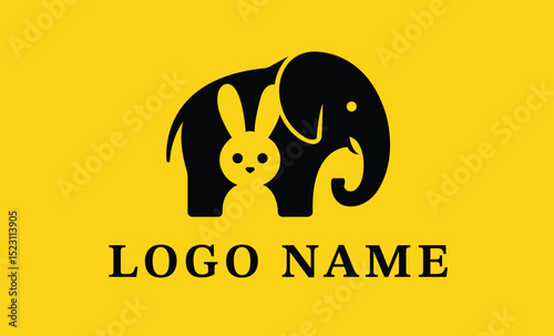 Elephant and Rabbit Animal Logo on Yellow Background - Positive & Friendly