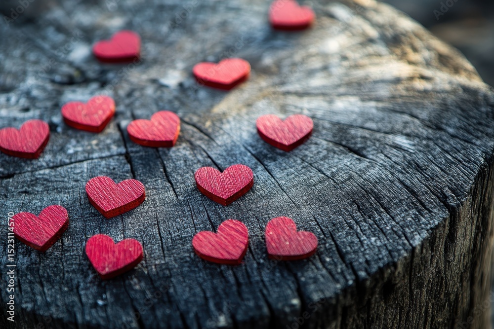 Fototapeta premium Decorative red hearts arranged on a wooden stump in a natural setting