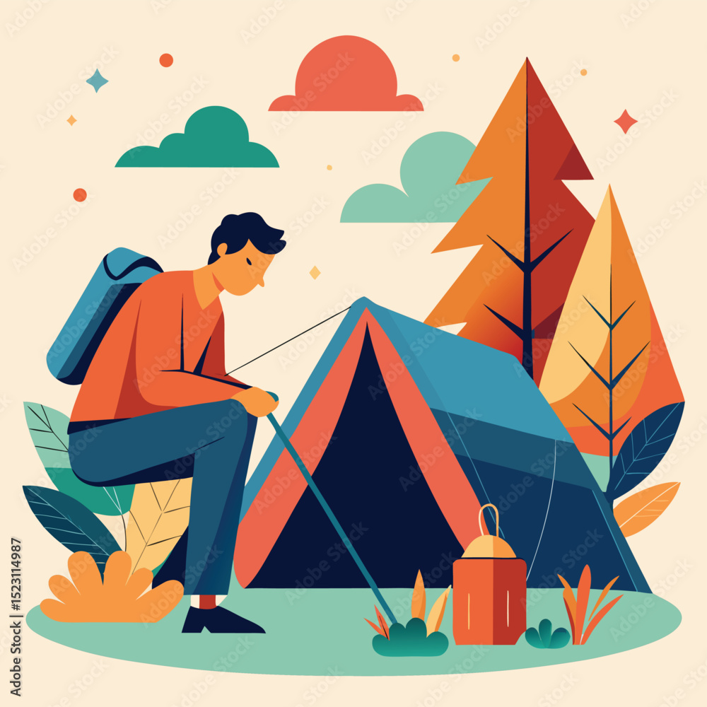 Fototapeta premium Flat Vector Illustration of a Man Setting Up Camp in Nature