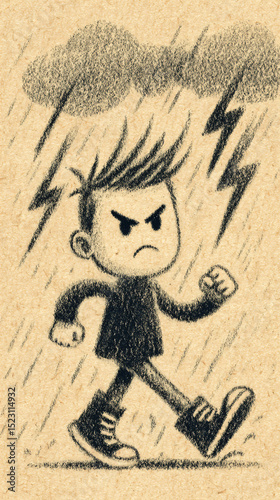 Childlike drawing of an angry person stomping in a storm
