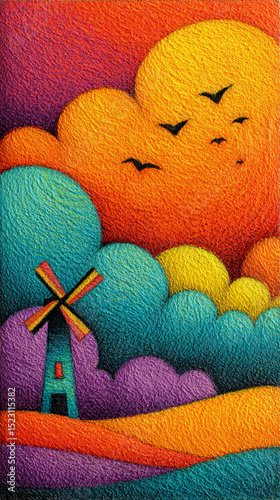 Colorful childlike drawing of windmill with smiling clouds and birds