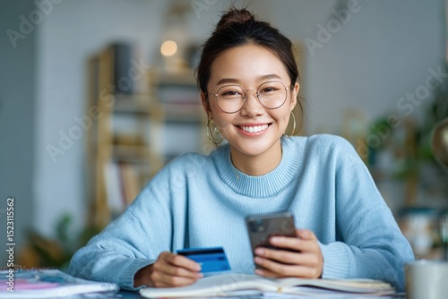 Young Asian woman happily using her mobile phone to do online shopping