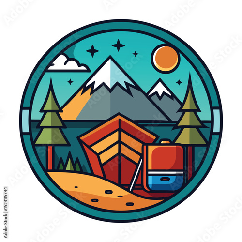 Camping Adventure Badge with Tent Mountains Trees and Backpack Illustration