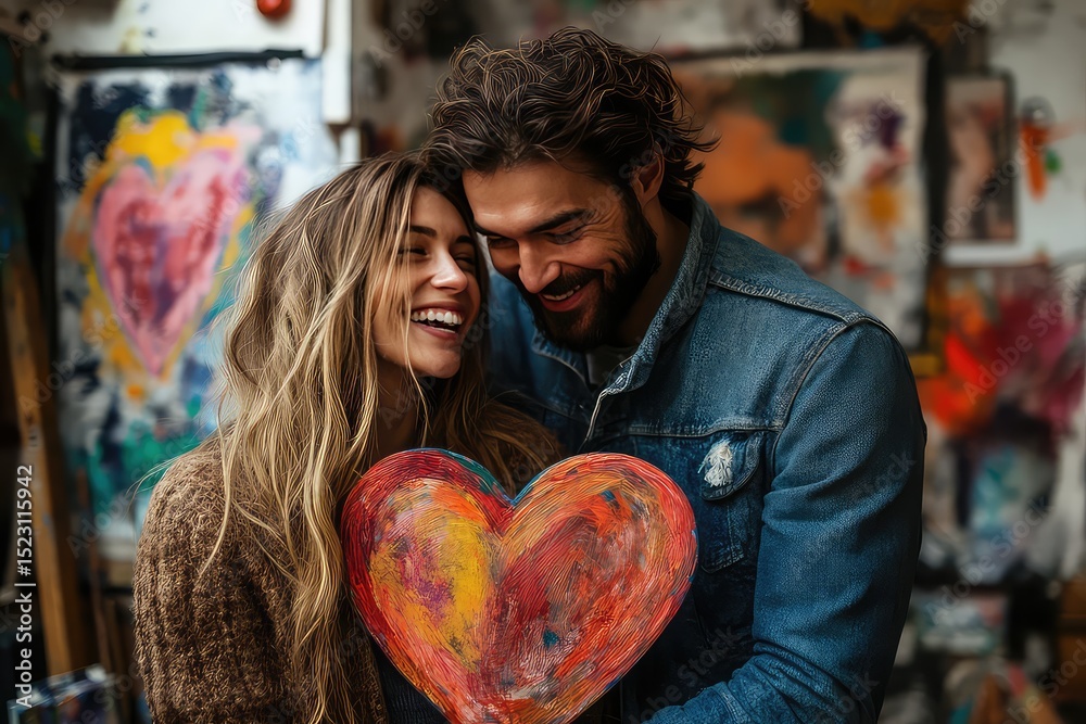 Obraz premium Joyful couple painting heart-shaped art together in a bright, cheerful studio