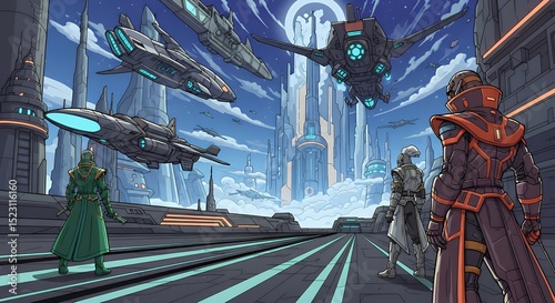 Futuristic Cityscape with Spaceships and Figures in a Sci-Fi Setting