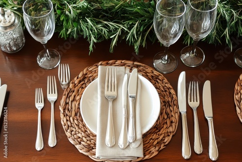 Elegant dinner table setup with silverware and greenery for a special occasion