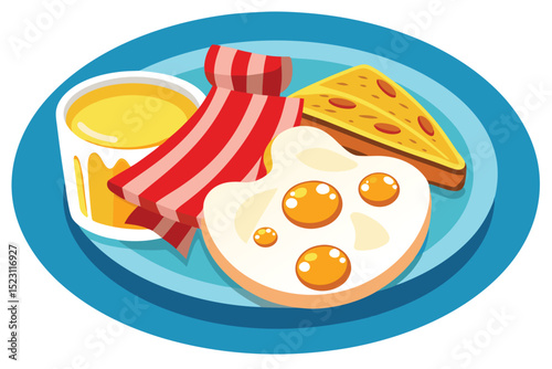 Delicious Breakfast Sunny-Side Up Eggs, Crispy Bacon, Toast, and Orange Juice