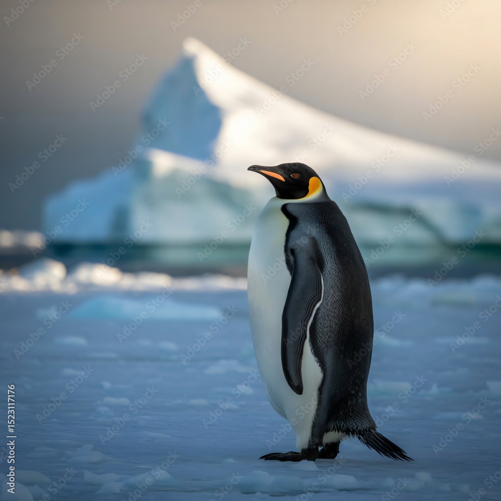 Fototapeta premium Majestic Emperor Penguin Standing Proudly on Ice with Iceberg Background in Antarctica