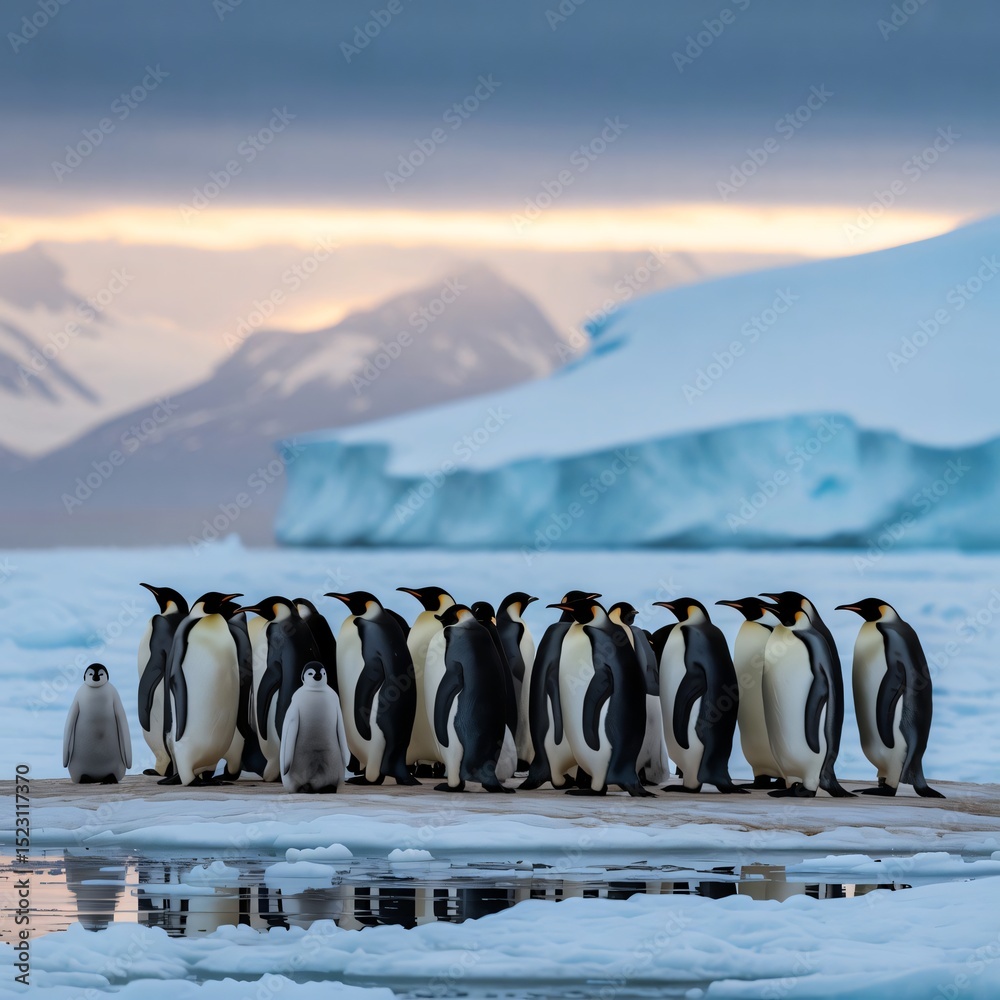 Obraz premium Emperor Penguins Gather on Ice Floe with Mountains and Iceberg Background