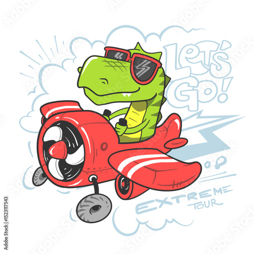 Dinosaur flying an airplane kids print, with let's go slogan. Funny cartoon character design.Kid graphic