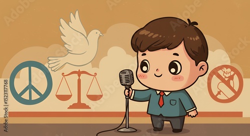 Cartoon Boy Speaking for Peace, Justice, and Against Violence.