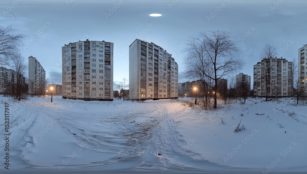 Obraz premium Winter Season 360-Degree Panorama Photograph of Residential Apartment Building Captured in Equirectangular Format