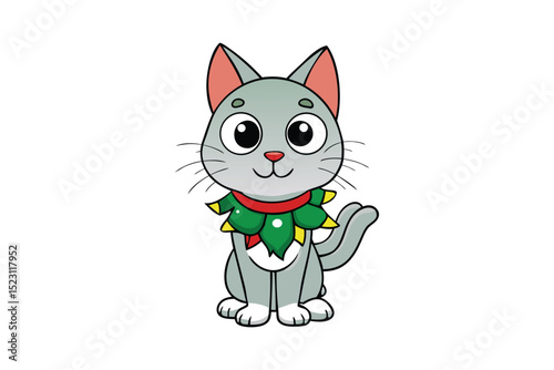 Christmas Tinsel Cartoon Vector Festive Cat Character on White Background Design