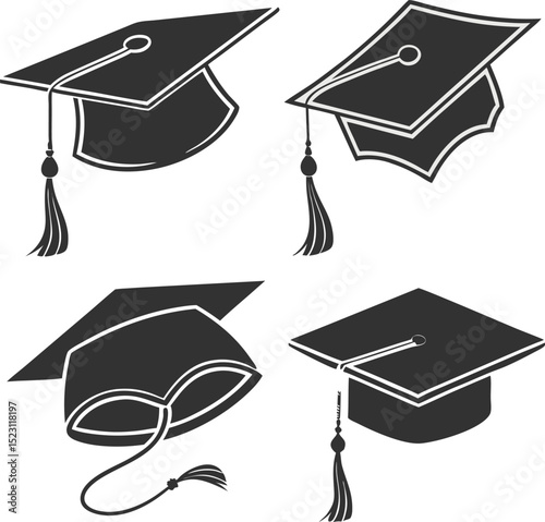 A variety of black and white graduation cap illustrations, including detailed tassels
