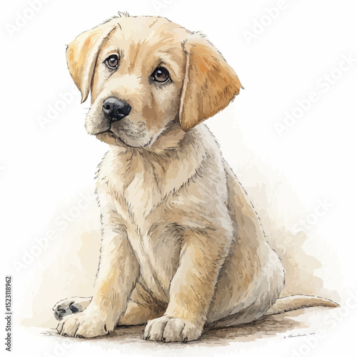 Yellow Labrador Retriever puppy with a forlorn expression sitting and facing the viewer against a simple tan watercolor background.