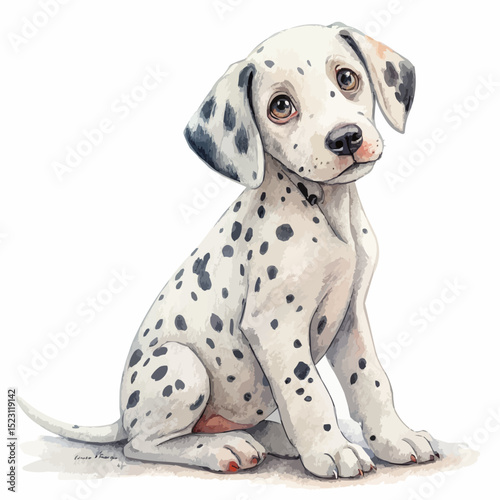 Dalmatian puppy with black spots and a friendly nature sitting in profile view against a plain white background [with copy space].
