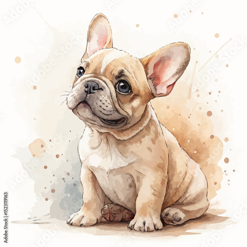 Fawn-colored French Bulldog puppy with a happy expression sitting and facing the viewer against a soft watercolor splatter background.