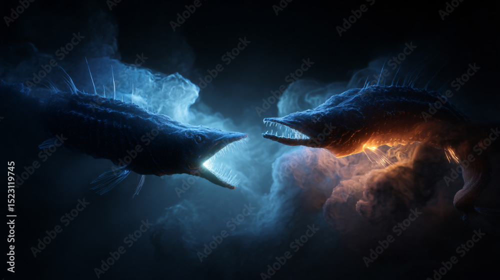 Fototapeta premium Hyper-realistic showdown between abyssal fish 