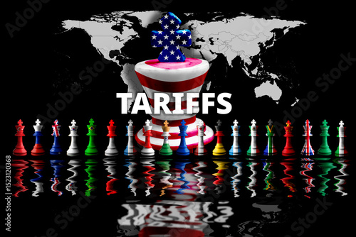 us imposes tariffs on world. concept 3D illustration .