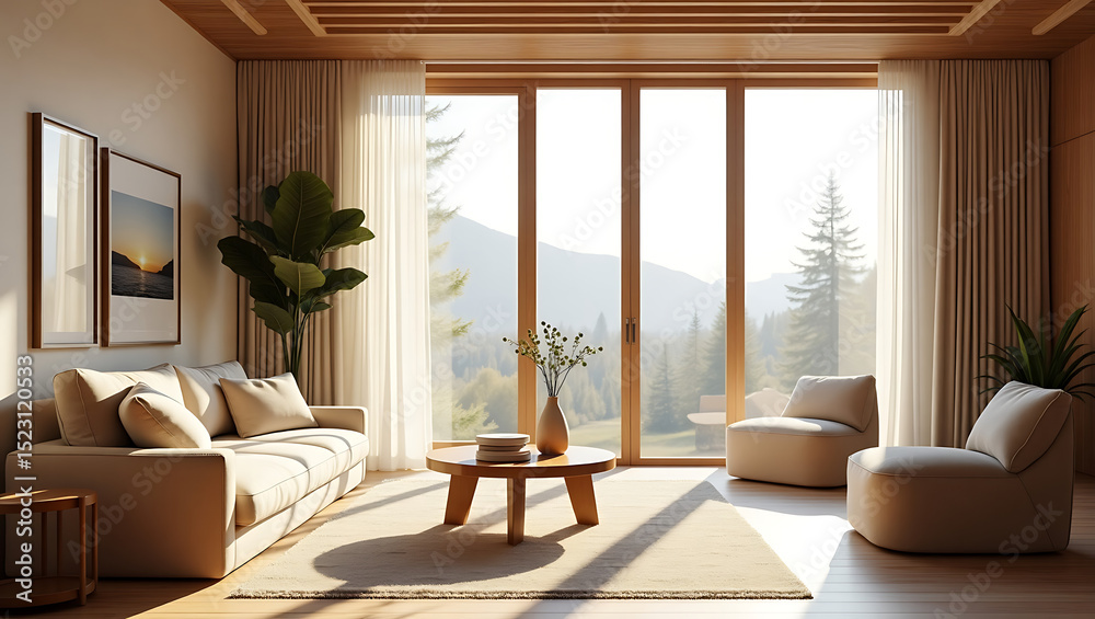 Fototapeta premium Serene Mountain View Living Room Minimalist Interior Design