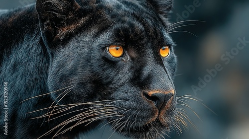   A close-up of the Black Panther's face, featuring yellow eyes and long whiskers, on its fur