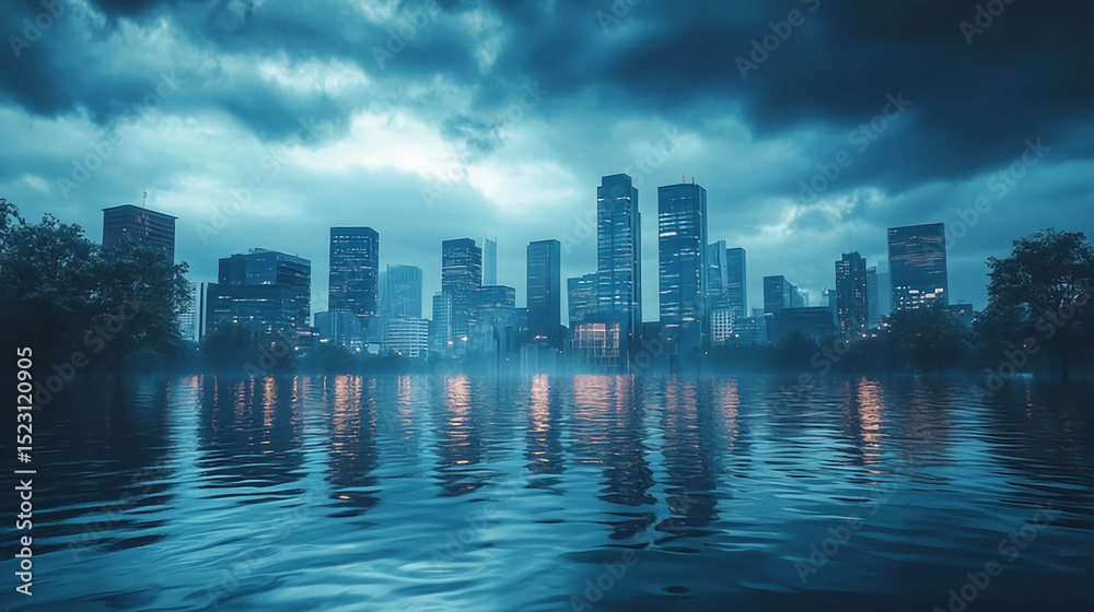 Fototapeta premium Cityscape reflection on water with dark clouds and skyscrapers in teal and blue tones wallpaper design