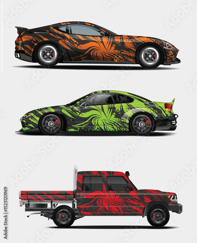 Three Unique Car Wraps Designs with Abstract Patterns