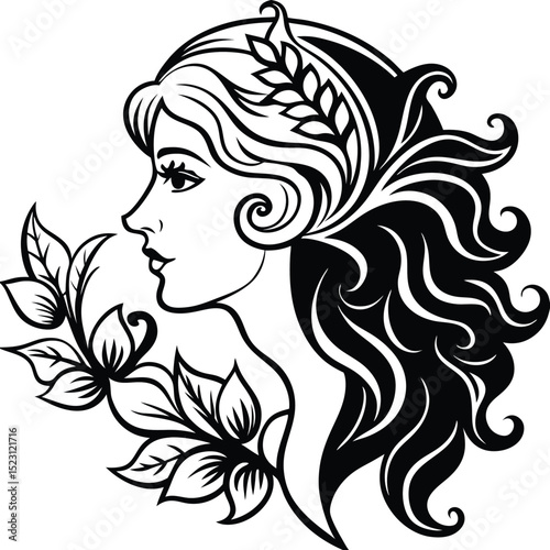 floral profile art nouveau female silhouette