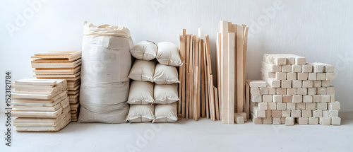 Stacked Wood Building Materials On White Background