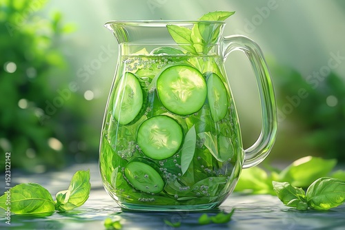 Refreshing Cucumber Mint Herbal Infusion. Organic Detox Water with Green Ingredients for Healthy Hydration. Gourmet Summer Beverage Recipe & Styling Tips