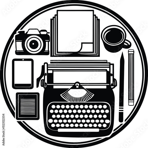 This sentence captures the main subject (typewriter), its style (vintage, retro), format (vector illustration), and key features (antique keys, paper)