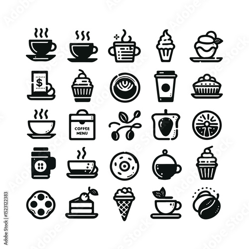 coffee shop menu icon set black linear on white background