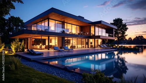 Luxury Lakefront Residence at Dusk