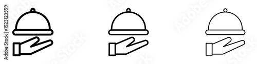 Hand holding tray icons. Thin linear graphic pictogram for website