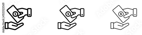 Hand money exchange icons. Thin linear graphic pictogram for website