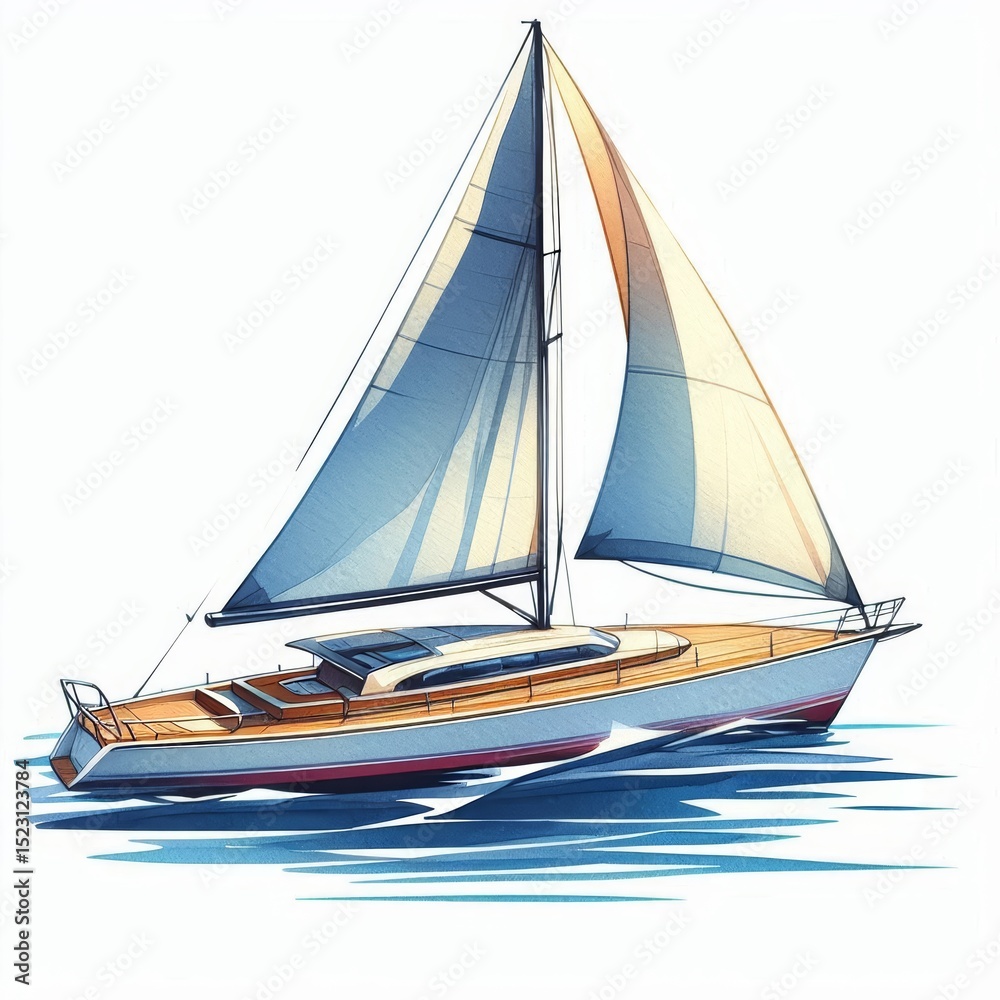 Fototapeta premium Elegant Cartoon Watercolor Yacht Illustration for Nautical Designs