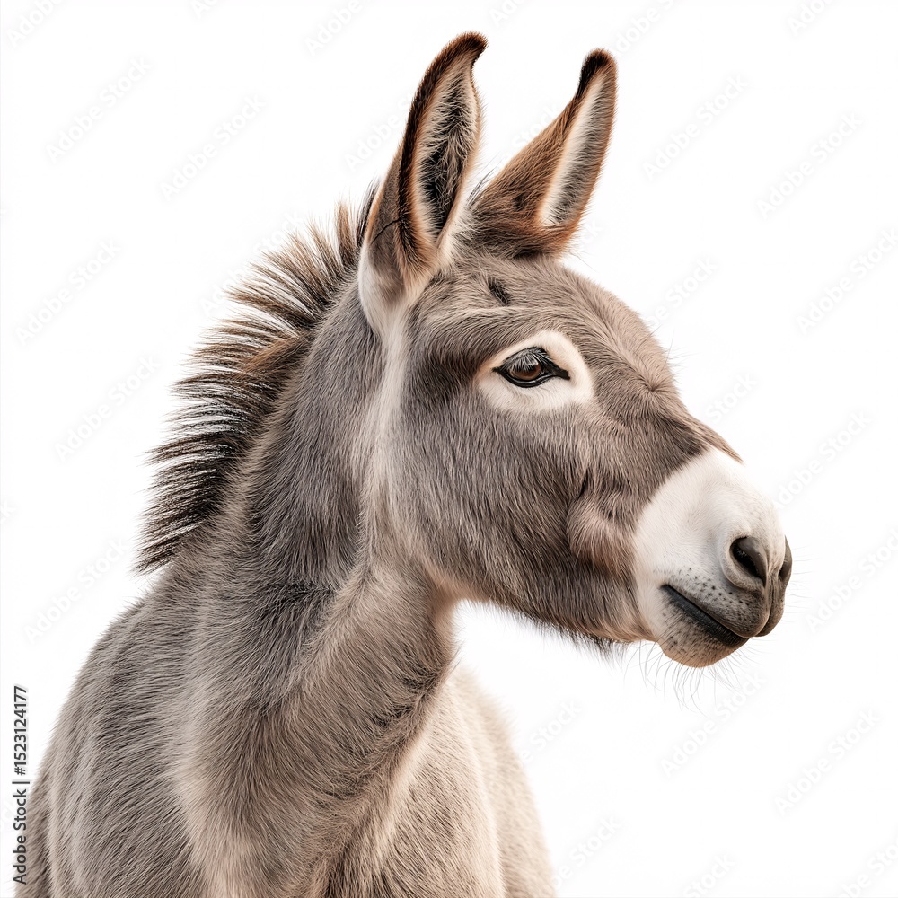 Fototapeta premium Grey Donkey Portrait. Cute, Inquisitive Farm Animal with Furry Ears on Isolated White Background for Animal Lovers