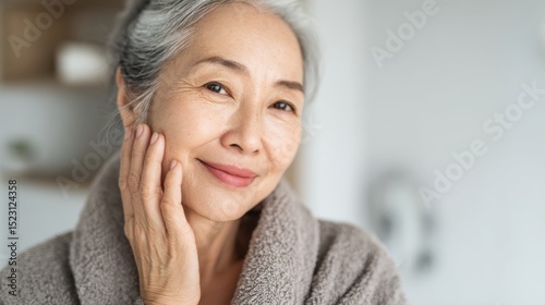 A Smiling Asian Older Woman in a Robe Posing for Photo