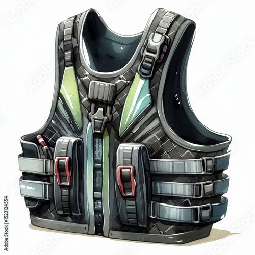 Detailed tactical vest illustration depicting modern military equipment photo